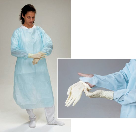 Tablier PE avec manches, bleu en film de polyéthyl